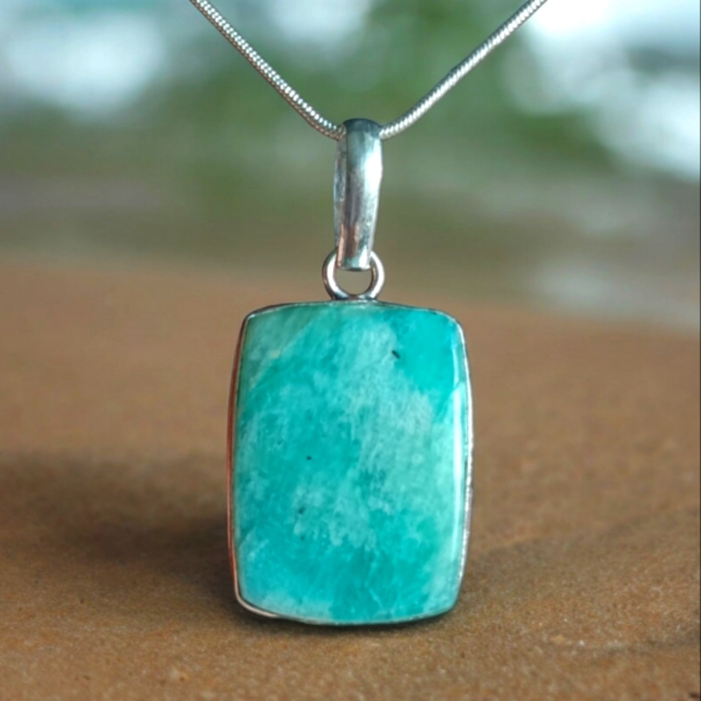 Amazonite Crystal 925 Sterling Silver Rectangle Pendant Necklace w/ 18" Chain